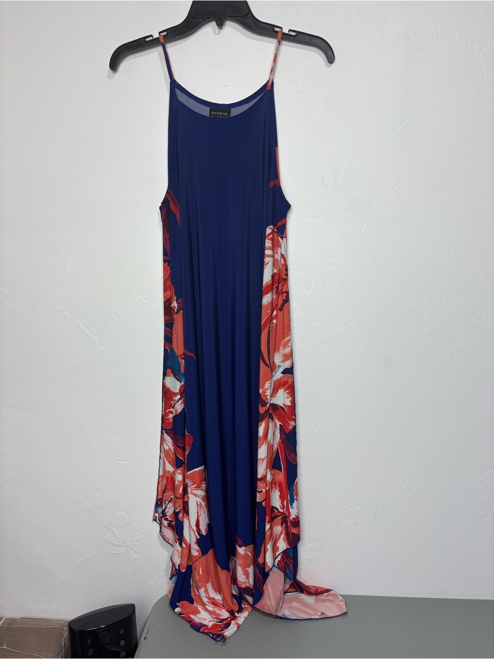 En Focus Studio Women's 14 Blue Orange White Floral Maxi Dress Scoop Neck Slvls